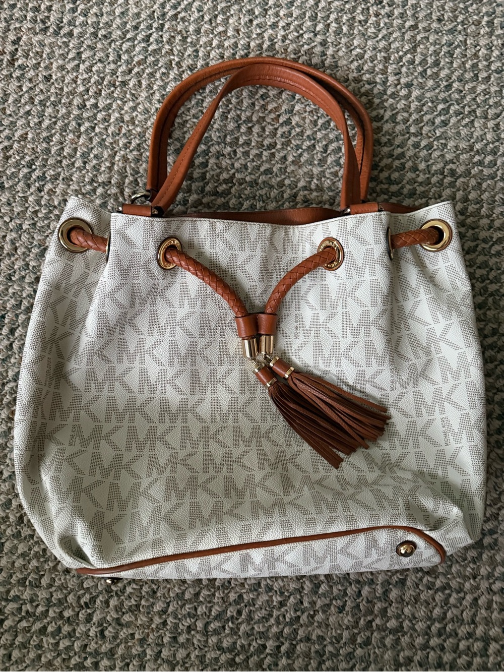 Michael Kors White and Brown MK Logo Drawstring Shoulder Bag with Tassel